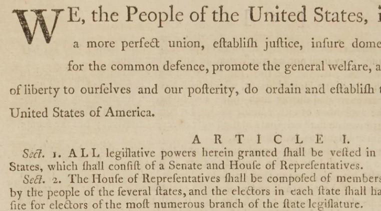 An image shows the first page of the first printing of the final text of the U.S. Constitution